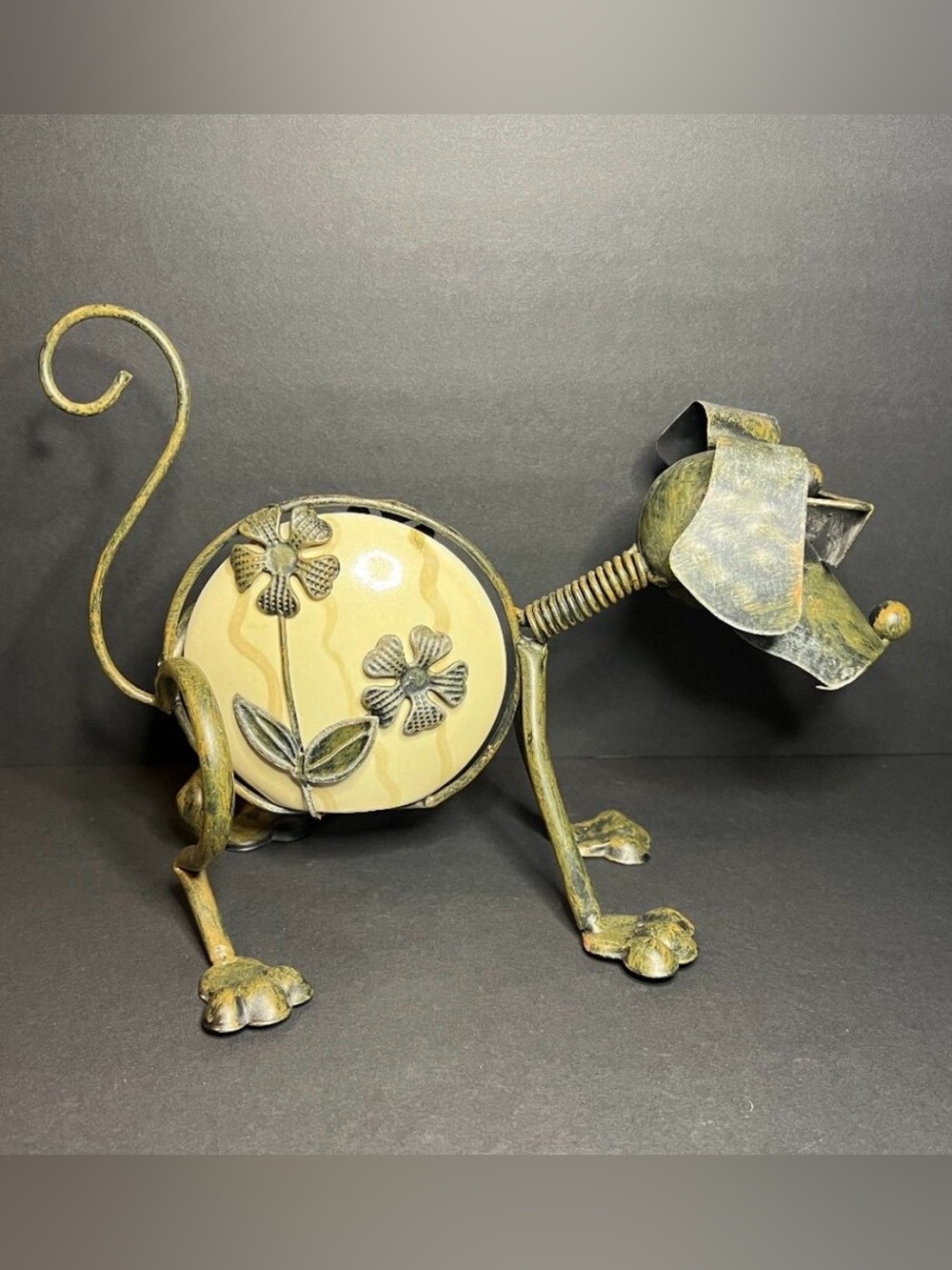 Unique Whimsical Metal Tin Floral Art Pottery Ceramic Dog Figure w/ Sunglasses